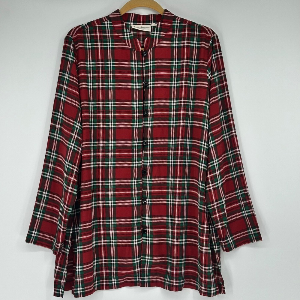 Norm Thompson Womens Red Green Plaid‎ Mandarin Collar Button Front Blouse Large